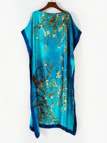 1件女士复古优雅印花仿丝长款卡夫坦罩衫，休闲沙滩防晒披肩和服，夏季连衣裙 - 彩色 - 查看 1