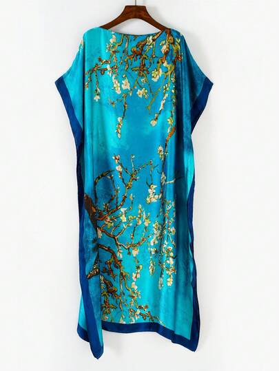 1pc Women's Vintage Elegant Floral Print Faux Silk Long Kaftan Pullover Cover-Up, Casual Beach Sunscreen Shawl Kimono, Summer For Dress