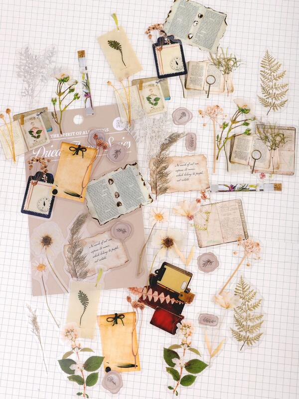 1 Packung mit 50 Stück Retro Botanisch Getrocknete Blatt & Gänseblümchen Anhänger Etiketten aus PET Material, DIY Bastelzubehör, Schulmaterial, Schulbedarf
