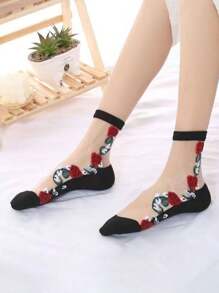 5 Pairs Women Thin Floral Print Mid-Calf Socks, Soft, Breathable, Non-Slip, Suitable For Daily Wear, Summer/Fall
