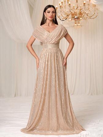 YISIKADO 女士正式派对礼服，优雅闪亮双 V 领褶饰晚礼服