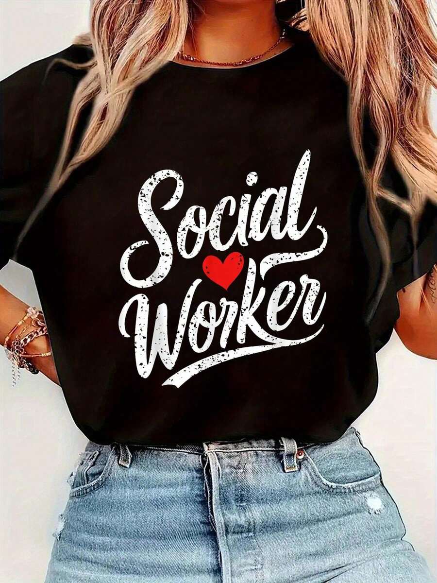 Social Worker Social Work With Heart T-Shirt Women's Round Neck Short Sleeve T-Shirt Fashion Graphic Tees Women Top - màu đen - Xem 1