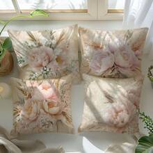 Set de 4 fundas de cojín con ramo de flores y trigo en color rosa, de material de terciopelo durazno suave, adecuado para sala de estar, dormitorio, sofá, decoración del hogar, impresión unilateral, medida de la funda de almohada: 45*45CM, regalo
