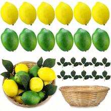 12 Pcs Fake Lemon Limes Artificial Fruits Yellow Green Faux Lemon Limes Mix Set With 10 Pcs Leaves 1 Pc Woven Basket Lifelike Fake Fruits Decor For Kitchen Party Table Photo Prop Home