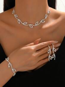 Set de 4 piezas de joyas de lujo con rhinestones en forma de hoja, de cobre minimalista, incluyendo pendientes, pulsera, collar y gargantilla, adecuado para eventos formales