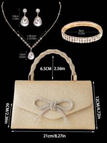 Bolso de mano de mujer nuevo brillante con strass, elegante bolso de fiesta, fashionable bolso de novia con lazo, juego de 3 piezas con strass brillantes: collar colgante de strass lujoso y exquisito, aretes, pulsera. Combinable con vestido de noche de lentejuelas, vestido de novia, vestido de fiesta. Adecuado para boda, cena, fiesta, baile.