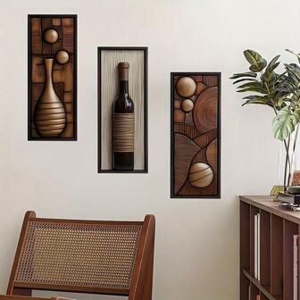 3 Pieces,2D Flat Creative Simulation Wooden Decoration, Modern Retro Style, Very Suitable For Bedroom, Living Room, Entrance Hall, Wall Background Decoration. Wall Decoration, Home Decoration Room Decor Bedroom Decor