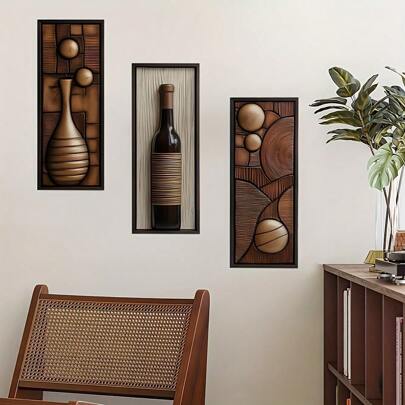 3 Pieces,2D Flat Creative Simulation Wooden Decoration, Modern Retro Style, Very Suitable For Bedroom, Living Room, Entrance Hall, Wall Background Decoration. Wall Decoration, Home Decoration Room Decor Bedroom Decor