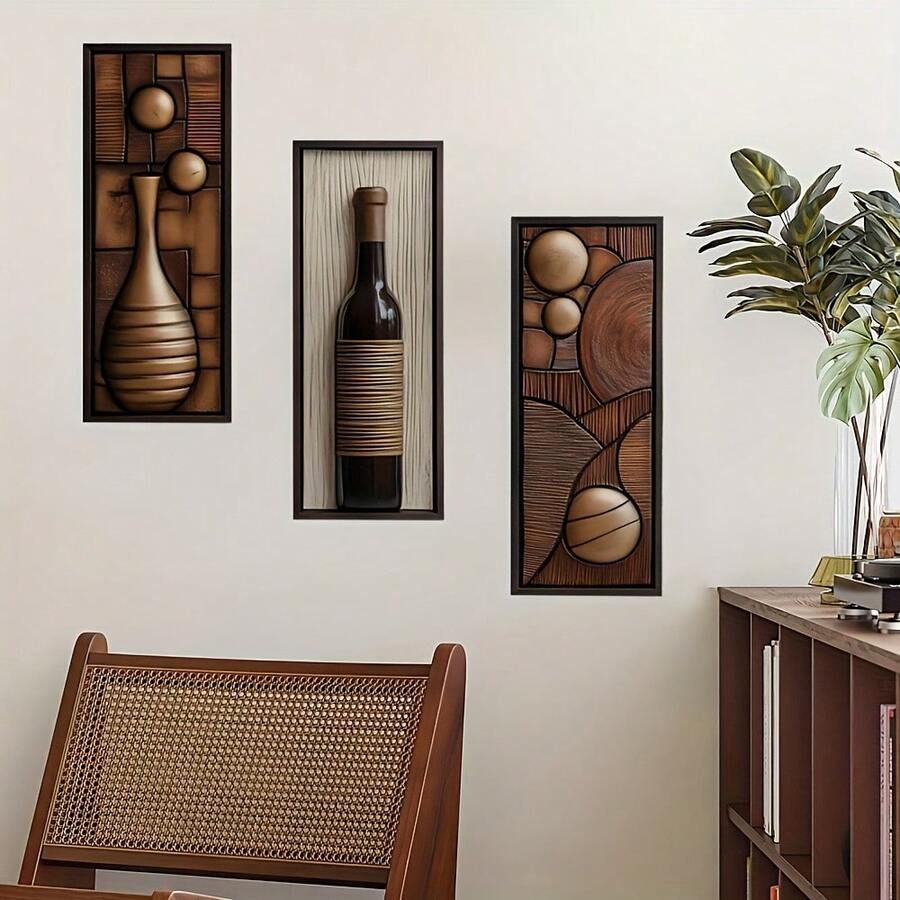 3件，2D平面创意仿真木质摆件，现代复古风格，非常适合卧室、客厅、玄关、墙面背景装饰。墙面装饰，家居装饰 - 彩色 - 查看 1