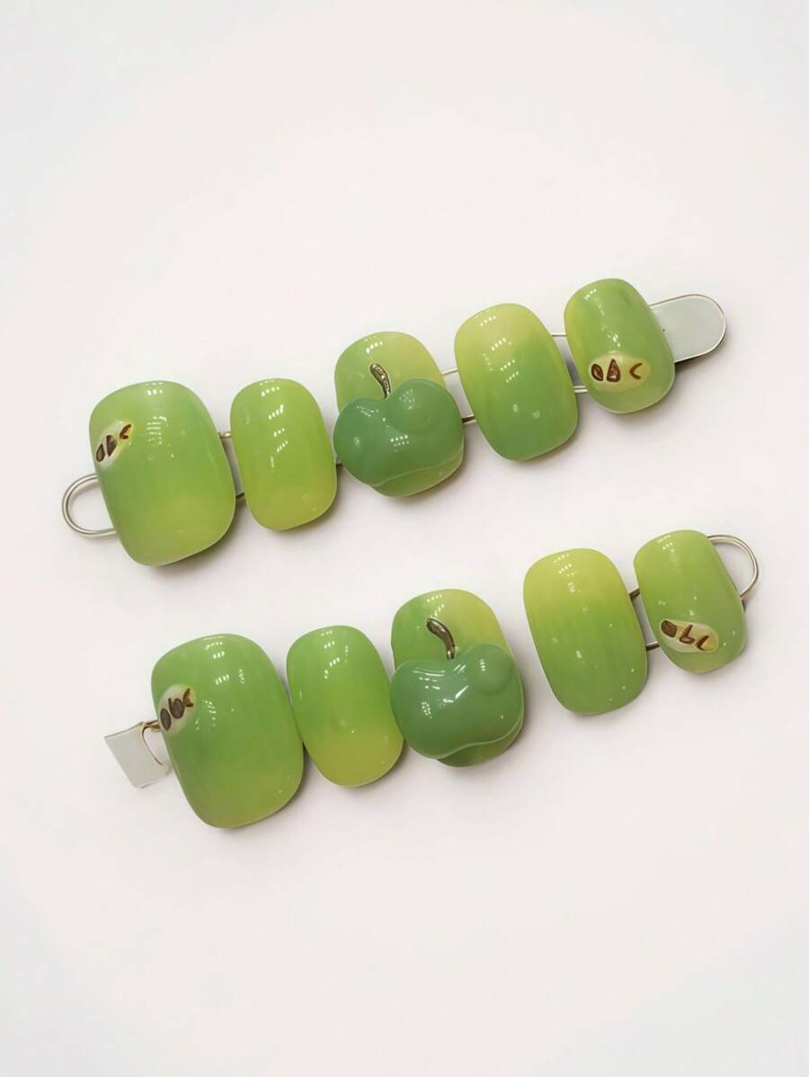 10 Pieces Handmade Press On Nails,Fake Nails,Summer Nails,Beauty Nail Art,Green Handmade Press-On Nails,3D Apple,Short Nails Fake,Suitable For Women And Girls For Daily Or Holiday Wear, High-End Quality.