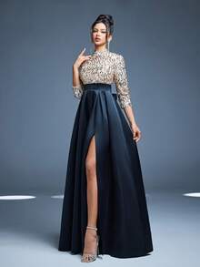 Mgiacy New Arrival High Neck Halter Fancy Evening Gown Dress Sequin Bow High Slit Satin A-Line Dress - Black - View 5