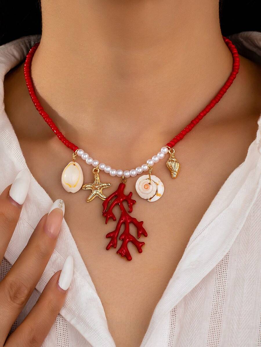 1 chiếc vòng cổ san hô đính hạt kiểu Bohemian, mặt dây chuyền hình sao biển và vỏ sò mùa hè, thích hợp cho kỳ nghỉ, du lịch, đi biển. - Nhiều màu - Xem 1