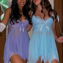 Halloween Fairy Costumes For Adult Cosplay Costume Women Lace Floral V-Neck See Through Lingerie Cami Dress + Fairy Wings 2Pcs Halloween Outfits Nightwear Party Clubwear - 淡紫色 - 查看 8