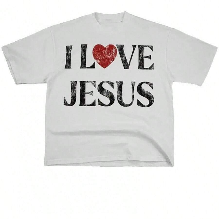 Vintage Christian Graphic Tee - 'I Love Jesus' Cotton Blend Short Sleeve Shirt - 白色 - 查看 1
