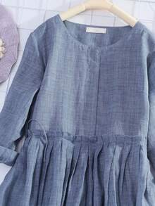 Women Summer Long Beach Dress 3/4 Sleeve Solid Color Round Neck Drawstring Waistband Vacation Dress - 藍色 - 查看 2