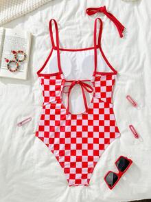 Women's Simple Plaid Halter Neck Tied Detachable Design Sporty One-Piece Swimsuit, Suitable For Youth & Teenagers, Casual Activewear