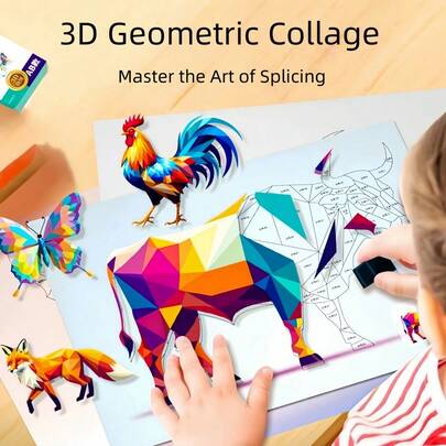 一套3D立体几何拼贴DIY手工创意贴纸画。3D几何拼贴游戏材料。可用作节日派对礼物、活动材料或奖励。