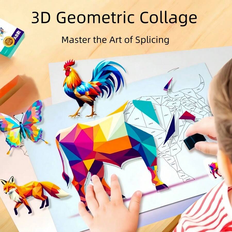 一套3D立体几何拼贴DIY手工创意贴纸画。3D几何拼贴游戏材料。可用作节日派对礼物、活动材料或奖励。