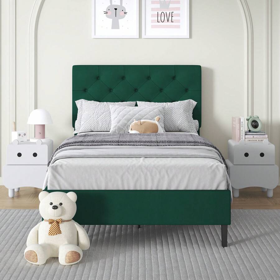 Bed Frame, Upholstered Platform Bed With Headboard, PU Leather Fabric Bed Frame, Button Tufted Design, Green Bed Frame Queen Full Twin , No Box Spring Required, Easy Assembly - màu xanh lá - Xem 1
