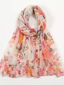 1 pieza Pañuelo de gasa de poliéster con estampado de flores, versátil para primavera, verano, otoño e invierno - Multicolor - Ver 10