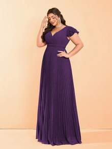 交叉V领珍珠雪纺褶皱荷叶边袖高端晚礼服 - 紫色 - 查看 5