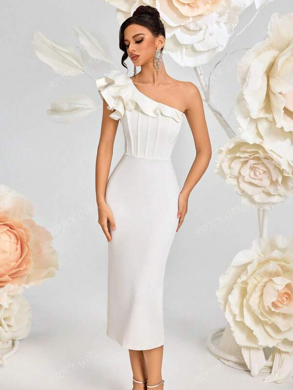 ADYCE One Shoulder Ruffle Sleeve High Waist Back Slit Tie Cocktail Party Dress