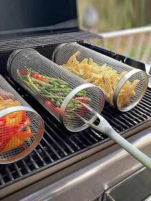 1 pieza Cesta de parrilla BBQ, Jaula de parrilla de acero inoxidable, Malla redonda para parrilla BBQ para verduras, patatas fritas, pescado, Parrilla portátil para barbacoa, Cestas de parrilla para cocinar al aire libre, Rejilla de parrilla para camping y picnic - Multicolor - Ver 10