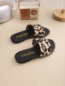 1 Pair Girls' Leopard Print Personalized Design Sandals, Soft & Comfortable, Spring/Summer Casual Beach Slippers - Black - View 6