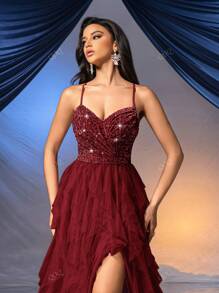 QOQ Fairy Style Women Formal Dress Romantic Evening Gown For Wedding Events, Cocktail Party, Charity Balls Pure Color Backless Sequined Mesh Dress Ballgown