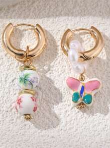 2 buc Cercei ceramici cu fluture și flori, cu mărgele, primăvară/vară, picătură de ulei cu perle artificiale, multicolori, potriviți pentru exterior, plajă, naveta, accesorii de zi cu zi