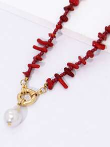 1pc Boho Tropical Island Irregular Red Coral Beaded Sailor Buckle Necklace For Charm Women's Vacation Beach Jewelry Accessories