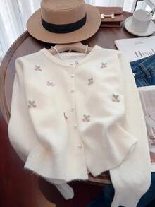 Cardigán Elegante para Mujer - Suéter de Cuello Redondo con Aplicaciones Florales, Manga Larga y Abierto al Frente, Tejido Suave y Elástico, Lavable a Máquina, Moda Otoño-Invierno, Prenda Capas, Ropa Casual de Invierno, Chic y Decorativo - Blanco - Ver 3