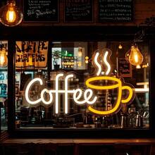 1PC 5V USB Halloween/Christmas/Valentine's Day Creative Coffee With Cup LED Wall Neon Art Sign For Coffee Bar Shop Kitchen Cafeteria Milk Tea Cold Drink Bakery Shop Decoration New Year Gifts