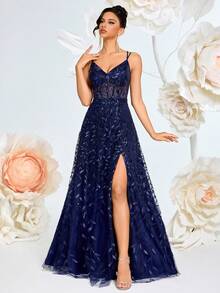 ADYCE 亮片刺绣细肩带 V 领透明高腰薄纱露背系带连衣裙，适合派对、舞会、晚会 - 藏蓝色 - 查看 5