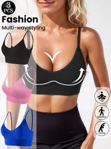 3 buc/set sutien sport multicolor la modă, cu spate încrucișat, pentru femei, cu absorbție a șocurilor, cupe subțiri, push-up, bretele fixe reglabile, camisol