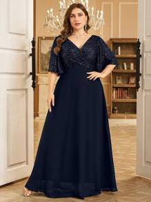 Elisanya Plus Size Elegant V-Neck Ruched Sleeve Front Ruched Sequin Splice Chiffon Flounce Dress Party Dress Wedding Guest Dress Formal Dress Evening Dress, Bride Dress, Birthday Women Outfits, Graduation Dress, Gown