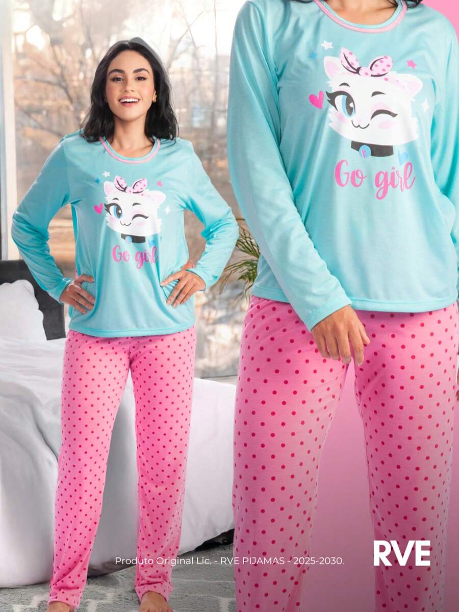 Women's Pajamas Winter Long Faux Drawstring Cute Elegant Luxurious Woman Casual Young Casual Knitted Fabric Long Sleeve Cat Go Girl Cute - 青碧色 - 查看 1