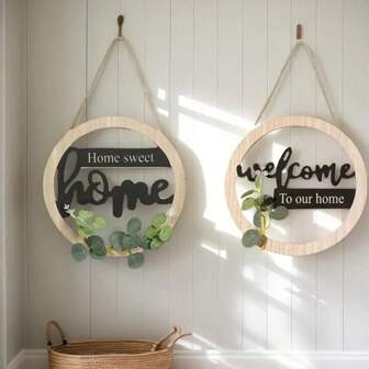 1 قطعة زينة نمط بوهيمي "البيت الحلو" و "مرحبا بكم في بيتنا" لتعليق على الباب - إطار خشبي دائري مكتوب عليه بالأحرف السوداء، ديكور جداري للداخل/الخارج مناسب للغرفة المعيشة، واستقبال الضيوف، هدية تسكين جديد، ديكور للعرس