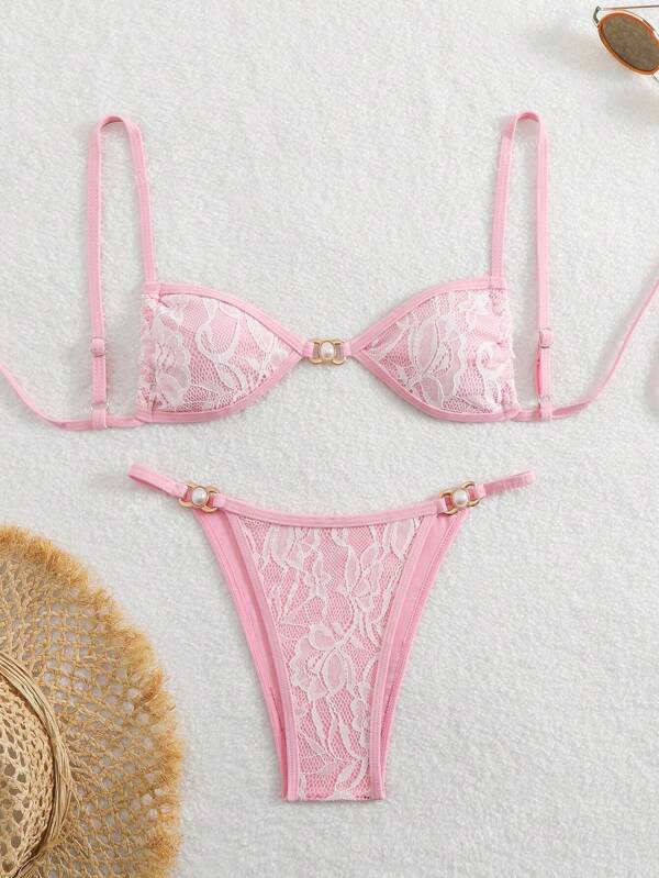 Set di bikini da donna con top a fascia regolabile in tessuto di pizzo, dettagli con fiocco sulla schiena e decorazione in perle