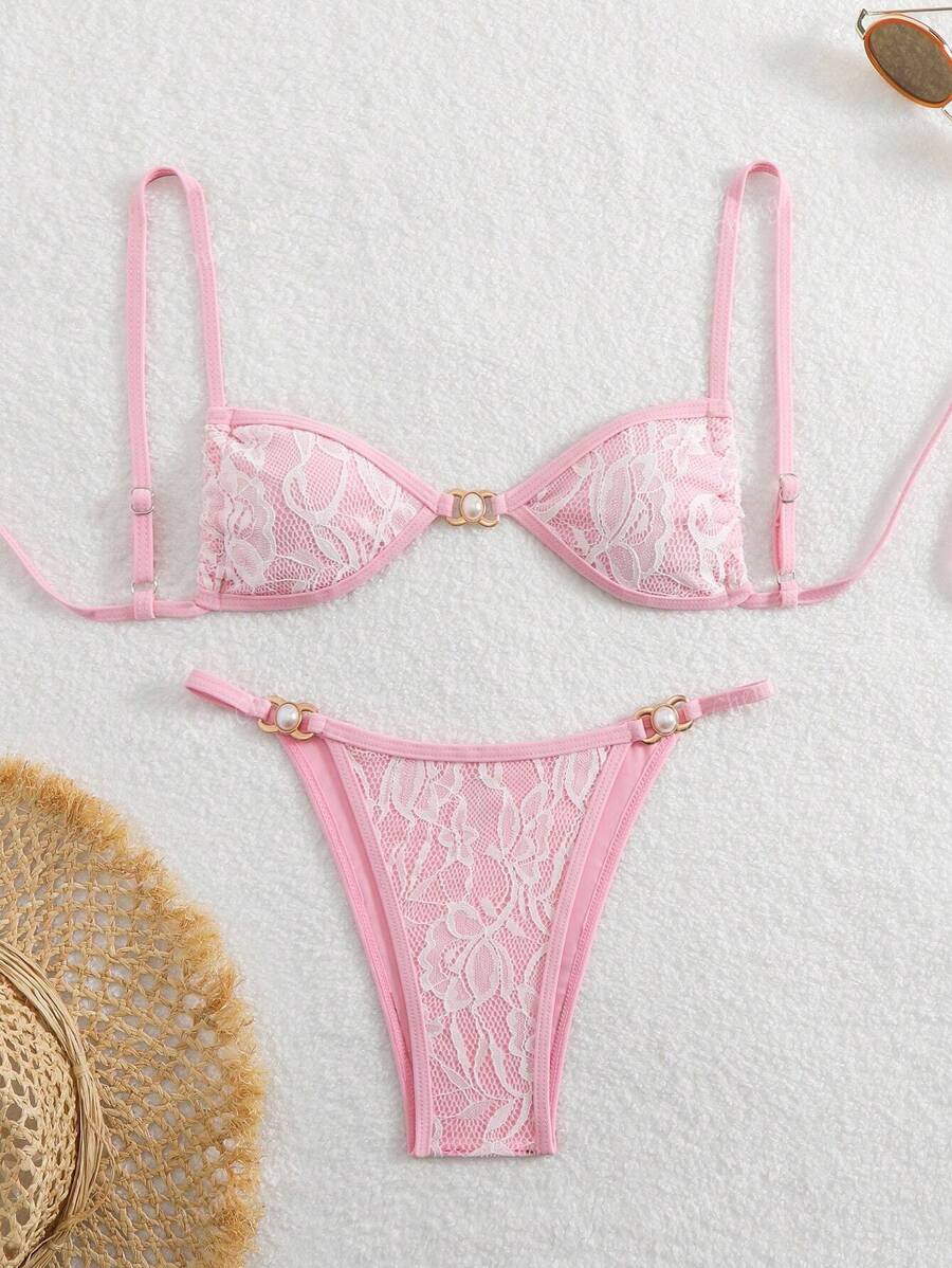 Set di bikini da donna con top a fascia regolabile in tessuto di pizzo, dettagli con fiocco sulla schiena e decorazione in perle