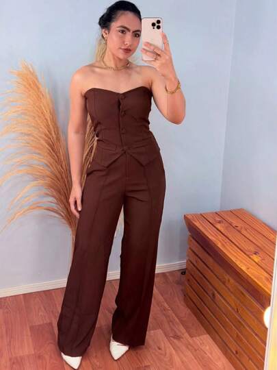 Conjunto 2 peças Feminino Alfaiataria Tomara que Caia com Botões Forrados e Bolsos