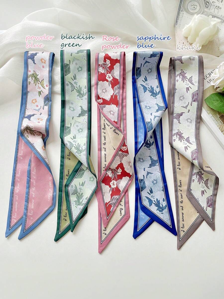 5pcs Floral Print Silk Scarf Headband For Women, Casual Elegant Multipurpose Daily/Date Gift Hair Band Turban Headband Sweatband