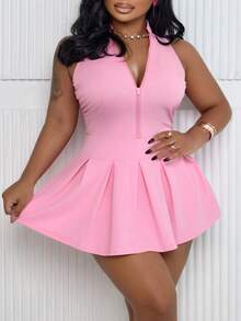 BIUBIU Women's Plus Size Fashionable And Casual Solid Color Zipper Half Front Fashionable Tank Pleated Skirt Jumpsuit ,Academic Sexy And Playful Style - Pink - View 3