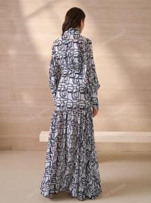 Elegant Romantic Geometric Floral Print Stand Collar Long Sleeve A-Line Dress For Women