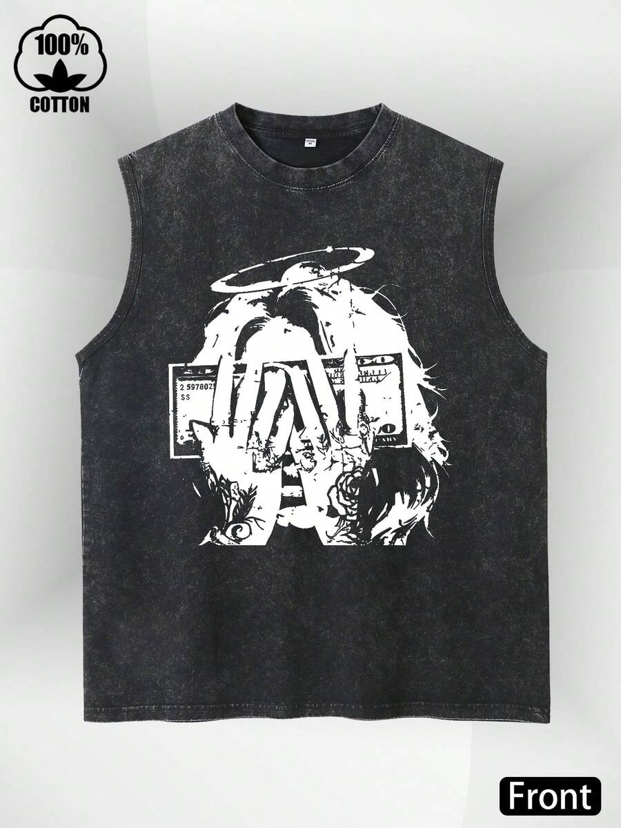 Men's Sleeveless Vest Retro Washed 100% Pure Cotton Casual Loose T-Shirt - Black - View 1