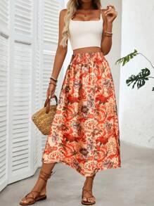 Women's Floral Print High-Lit Side Slit Skirt - Vacation Wrap Beach Skirt, Flowy Boho Summer Skirt, Casual A-Line Midi Skirt For Women,Casual Skirts For Women,Fashion Skirts For Summer