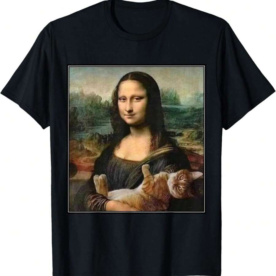 Mona Lisa with kitty cat da Vinci art Camiseta - Negro - Ver 1