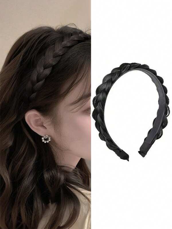 1 peça de faixa de cabelo trançada em formato de espinha de peixe para mulheres, elástico de cabelo artificial, faixa de cabeça estilo coque bagunçado, design antiderrapante com dentes, adequada para uso casual diário, faixa de cabelo
