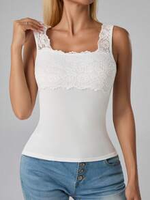 Women's Black Plain Lace Trim Decor Square Neck Camisole Spliced Tank Sleeveless Thin Vest Top - White - View 7