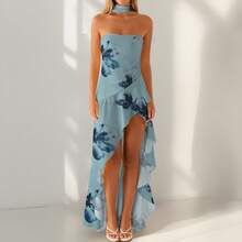 Women Y2K Casual Tube Dress Summer Solid Color/Floral Print High Low Ruffles Strapless Dress With Scarf For Cocktail Streetwear - Màu xanh lam - Xem 2
